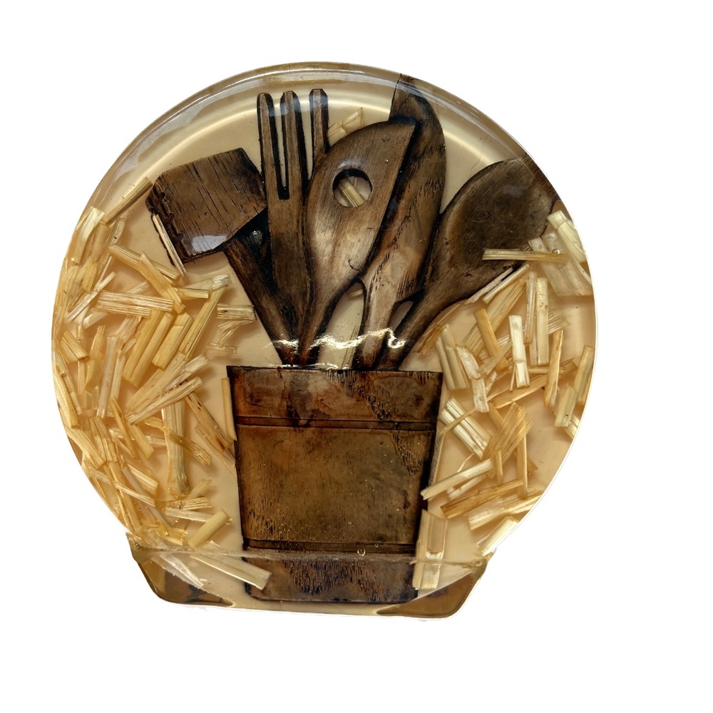 Vintage Mid Century Resin Napkin Holder Kitchen Utensils Colorflo Wooden Spoons - Picture 2 of 5
